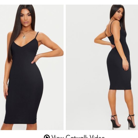 PrettyLittleThing Dresses & Skirts - Black Ribbed Plunge Bodycon Dress Sz M